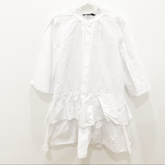 TOV Kimono Sleeve Tiered Ruffle Poplin Mini Shirt Dress in White Size 42 L NWT - Picture 9 of 9